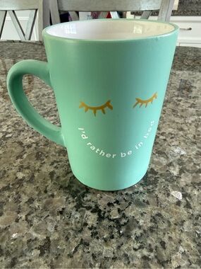 Mint Green Ceramic Mug with Gold Eyelash Accent and White Script
